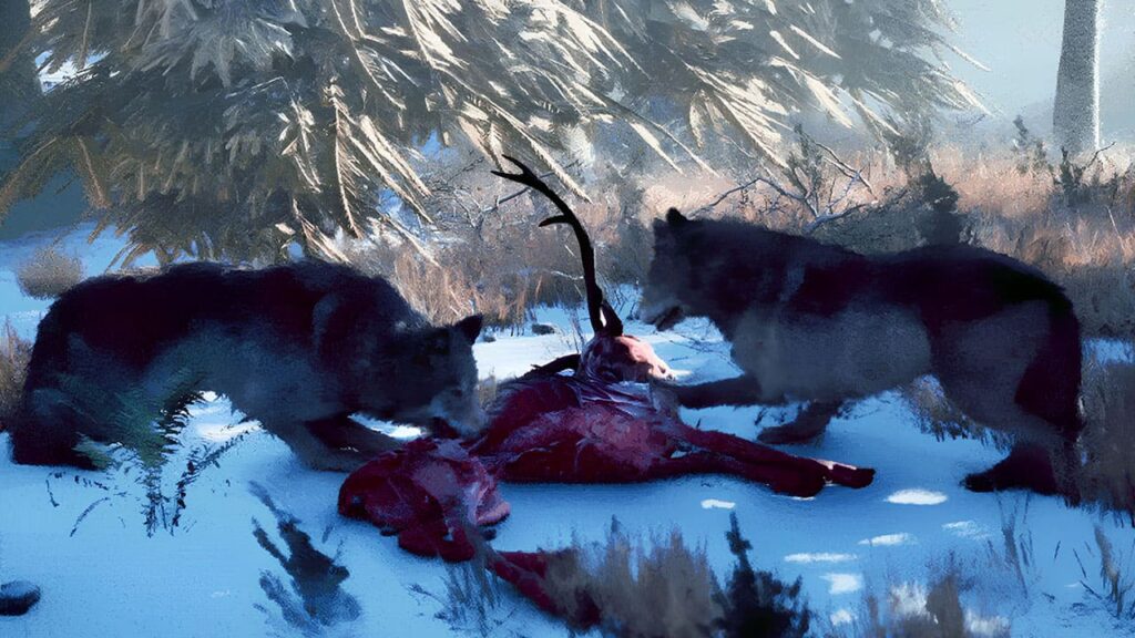 two wolves devouring carcas